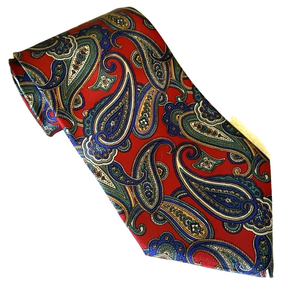 Camden Court Vintage Tie Shiny Paisley Wide 4 inch Red Blue Poly USA Preppy Y2K